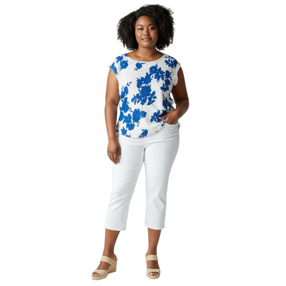 CYNTHIA ROWLEY 100% Linen Cap Sleeve Floral Top in Blue/White Size - Picture 3 of 9